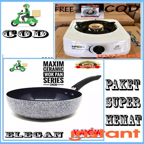 PROMO ISI 3 PCS MAXIM Deep Wok Pan Keramik 24CM + KOMPOR 1 TUNGKU + SELANG REGULATOR PAKET