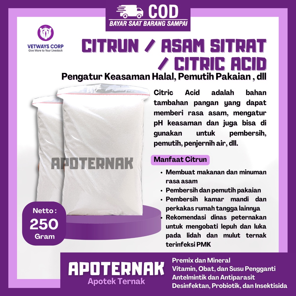 CITRIC ACID Repack 1 kg | Sitrun / Citrun / Sitrat / Asam Sitrat / Citric Acid Monohydrate | Obat PMK Luka Lepuh Sapi Lidah