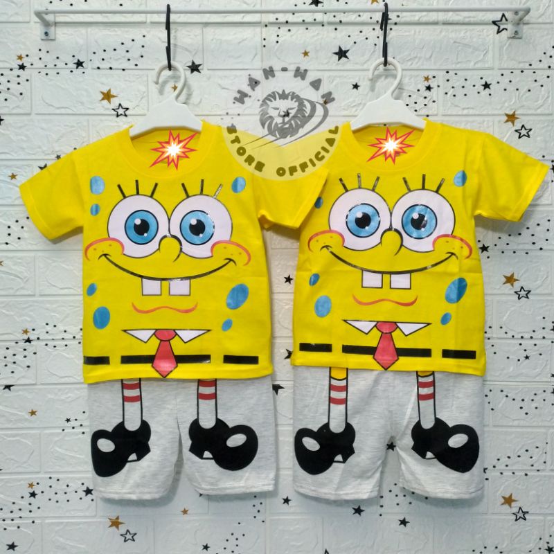 Setelan Baju Kaos Spongebob Bayi Anak Umur 1 Bulan - 7 Tahun Setelan Anak Spogebob