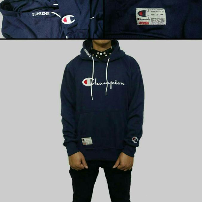 PROMO jaket sweater hoodie pria supreme x champion navy LARIS