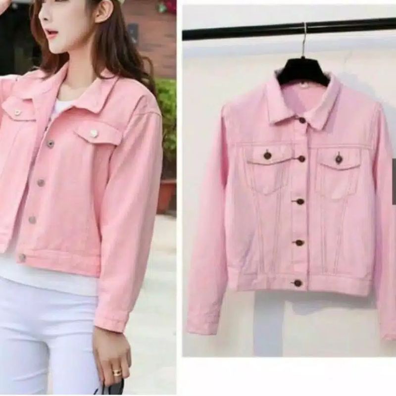 Jaket jeans crop cewek pink salem