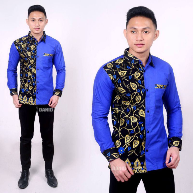 Kemeja Batik Kombinasi Pria Lengan Panjang Size M, L, XL, XXL