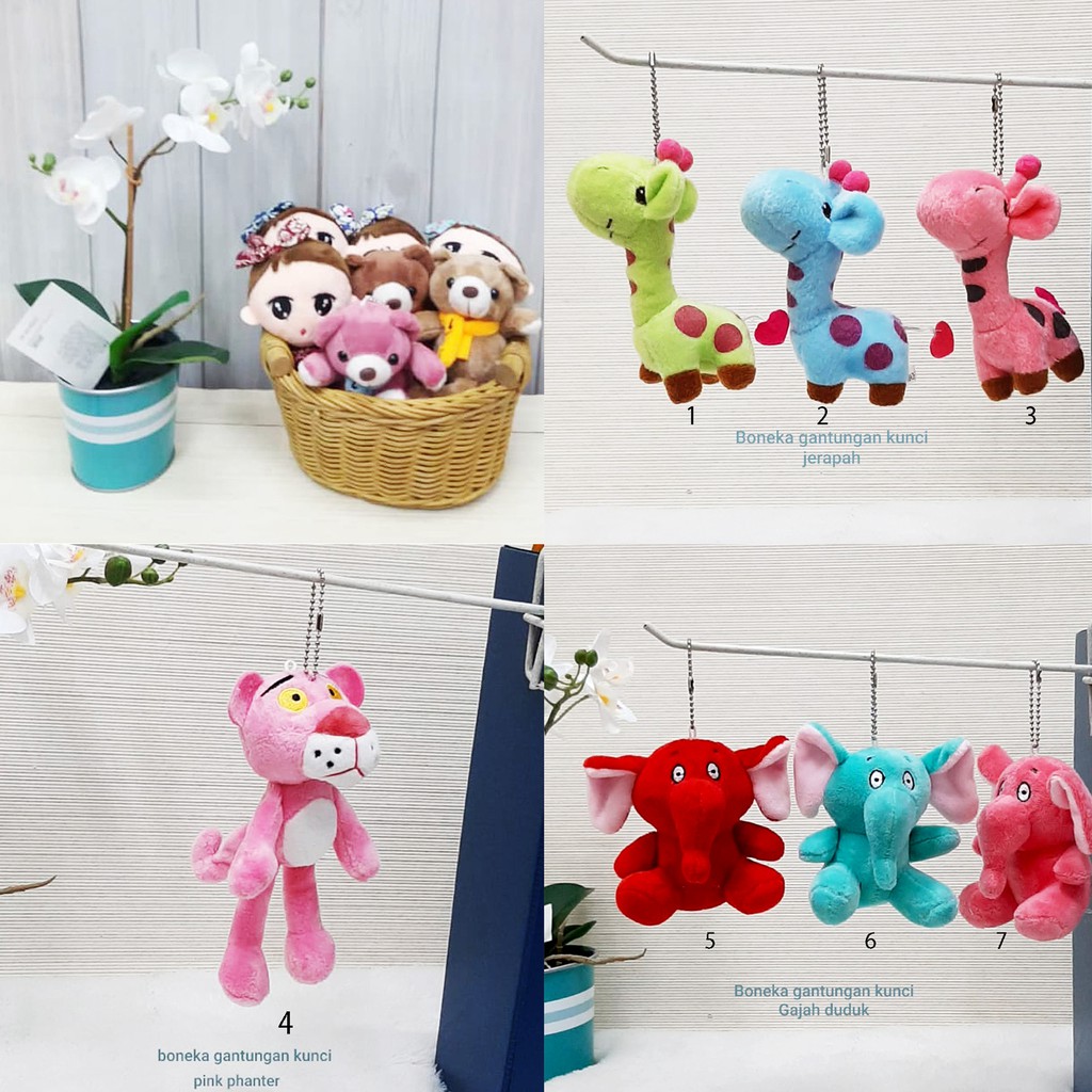 Gantungan Keychain Boneka pink panther gajah jerapah souvenir bucket bunga florist mercahindise