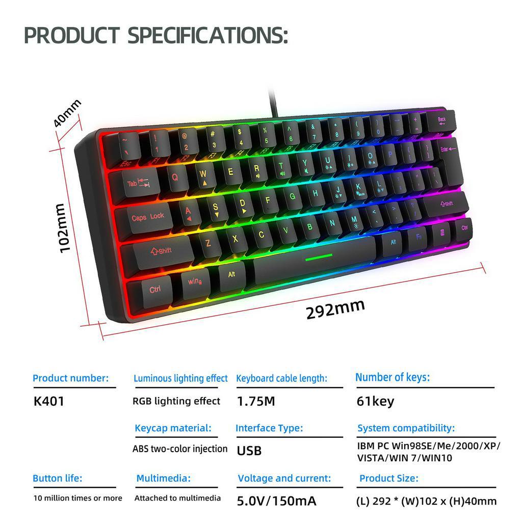 Y-FRUITFUL Keyboard Gaming RGB Backlit Mechanical Feel 61 Key Wired - K401 - Black