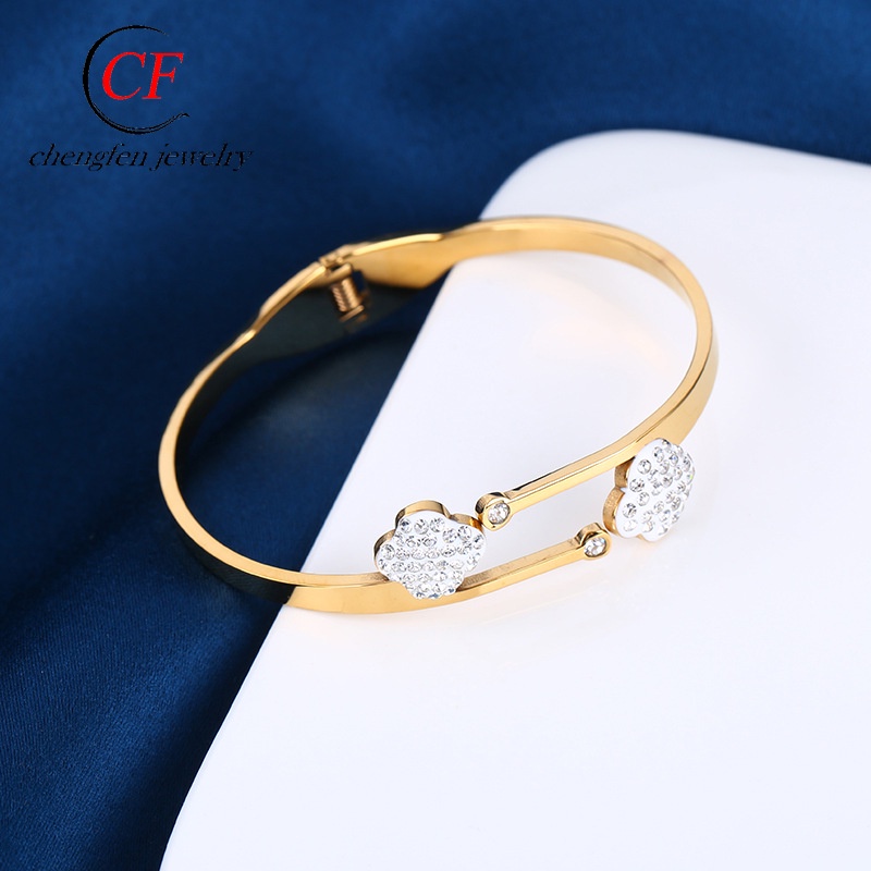 Aksesoris titanium import Gelang bangle clover zircon ganda anti karat bisa COD