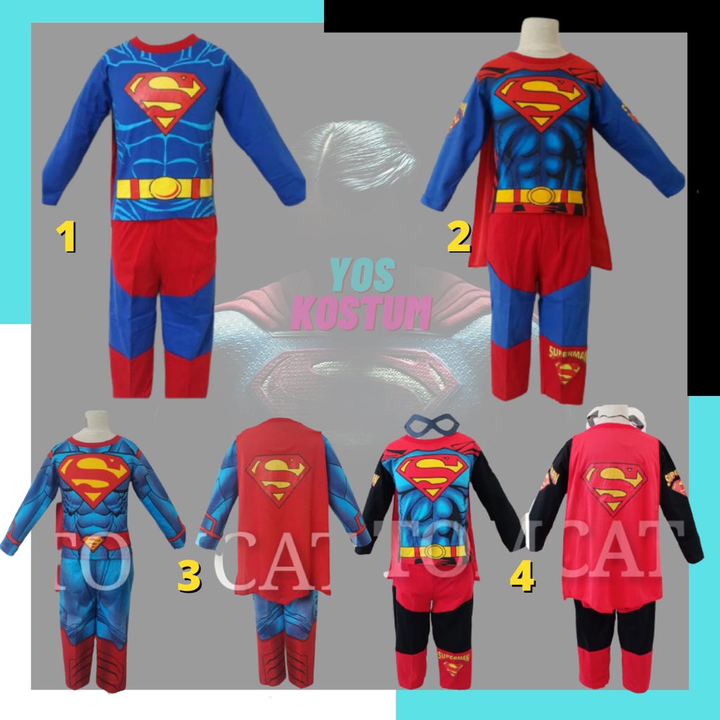 Kostum Anak Laki Laki Superman Setelan Panjang Superhero Baju Karakter Sayap