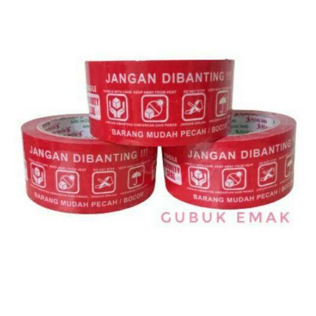 

Lakban JANGAN DIBANTING 100 YARD Tebal Isolasi Selotip Plester Packing Paket FRAGILE MERAH 50 Yard