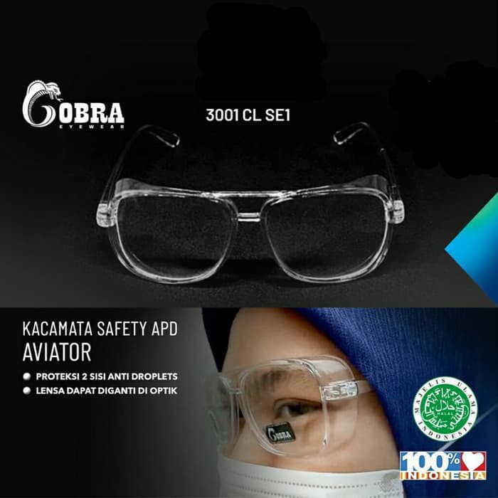 KACAMATA PELINDUNG SAFETY APD AVIATOR Cobra 3001CL ANTI VIRUS ANTI DEBU HALAL