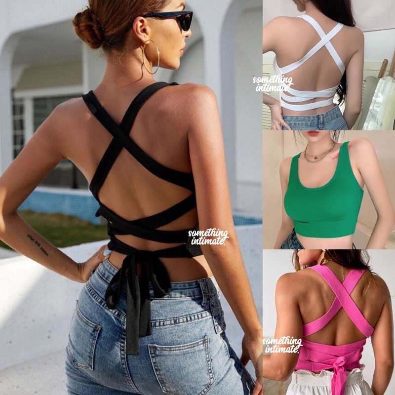 CAYLO Criss Cross Back Rib Knit Fitted Crop Top Backless Hot Fuschia Pink Green Sportsbra Bra Sport 