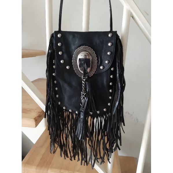 Tas kulit Yves Saint Laurent sling bag Ysl black leather fringe crossbody bag