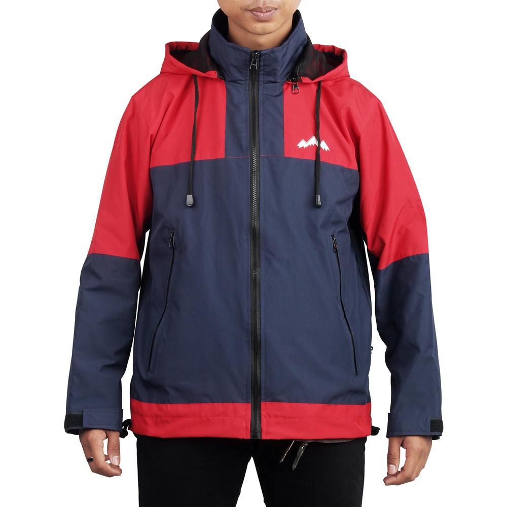 Jaket Taslan Outdoor Waterproof, Pria Wanita, Jacket Windbreaker Zipper Two Red Navy