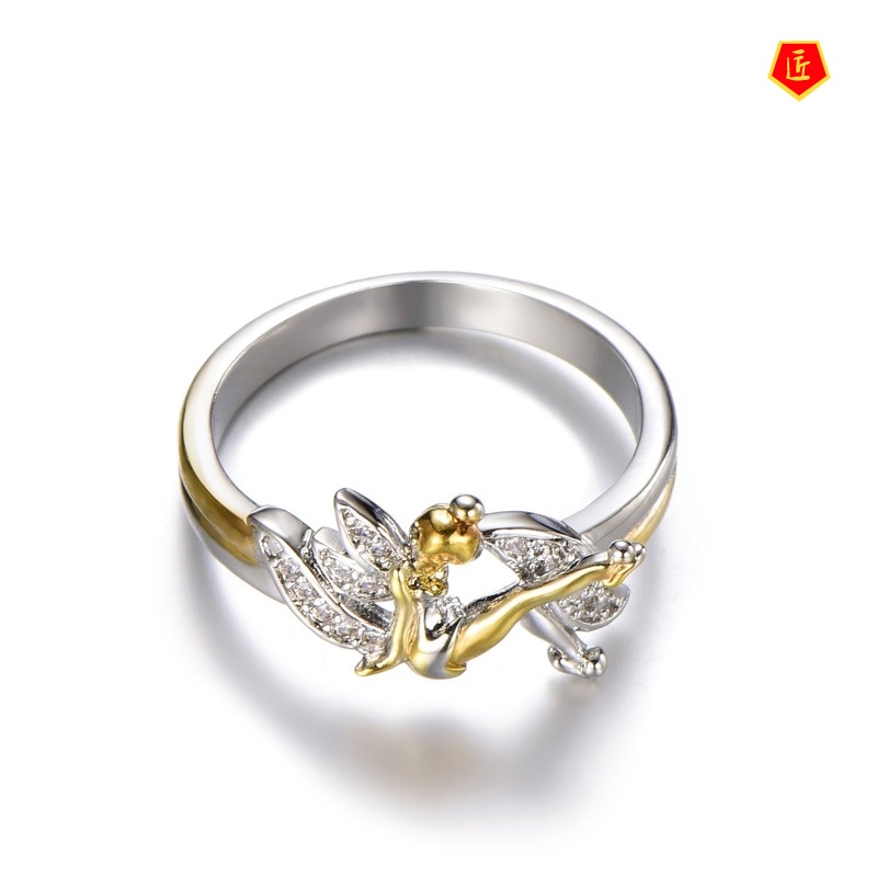 [Ready Stock]Golden Angel Silver Ring Women's Diamond-Embedded Cute