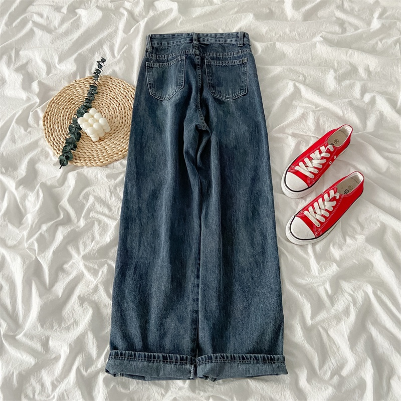 【COD】biru retro korean style high waist lurus celana jeans wanita longgar Import