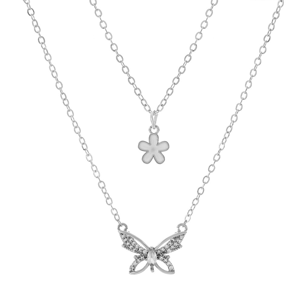 Kalung Rantai Dengan Liontin Kupu-Kupu Bunga Ganda Gaya Korea Untuk Wanita