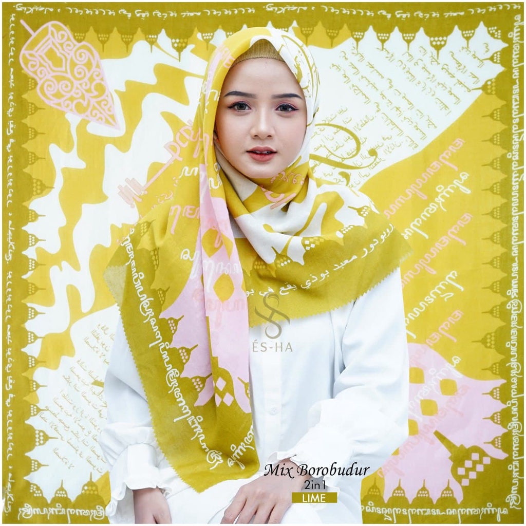 (PART 1) Series Hijab Motif Voal / Segiempat Motif Voal Premium Exclusive-BOROBUDUR LIME