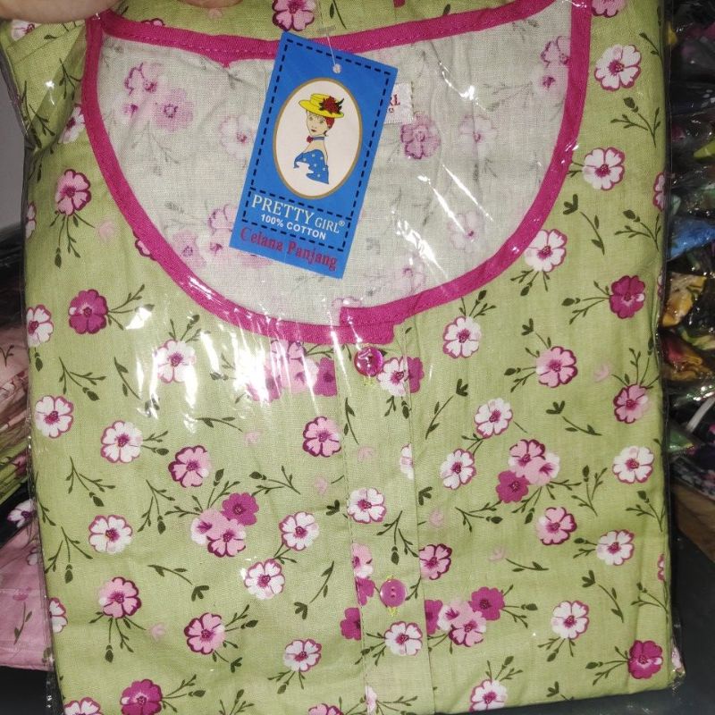 Piyama Cp set celana panjang Katun Motif Bunga Pretty girl-KODE 29A HIJAU