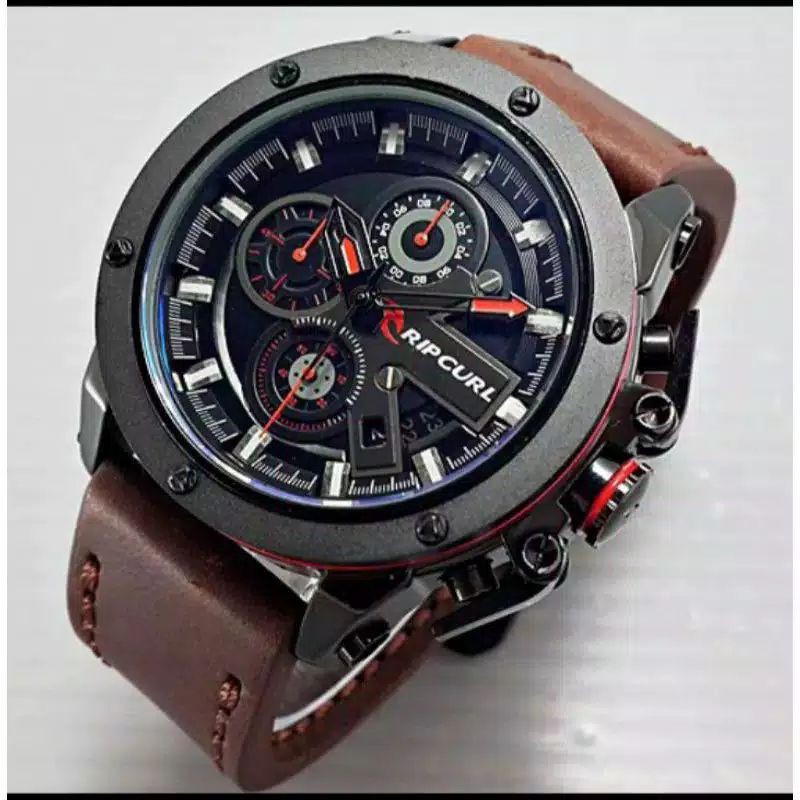 Jam Tangan Pria Ripcurl 6166 Tali Kulit Crono Tanggal Aktif - Free Box Batre Cadangan Original