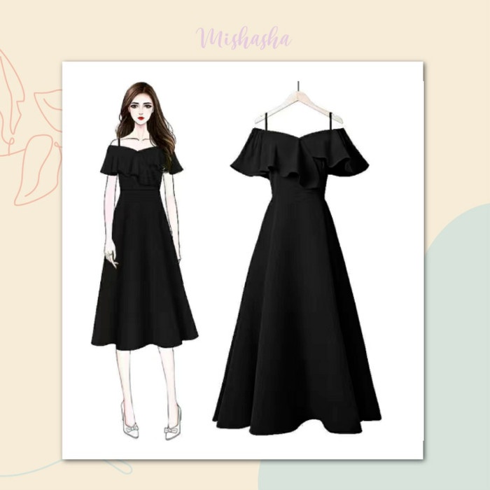 Dress Wanita Midi Long Mishasha Dress Mary Series - Hitam, L(K9H7) Midi Dress Korea Midi Dress PLAIN