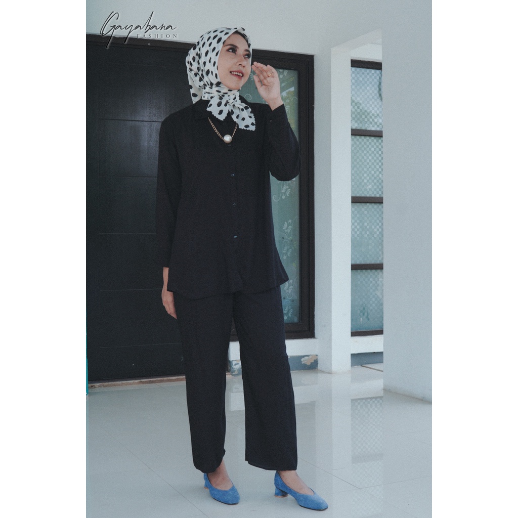 ONE SET MOTIF POLOS/ SETELAN RAYON VISCOSE MOTIF POLOS/SETCEL KEKINIAN/SETELAN WANITA TERBARU/DNILYA-HITAM