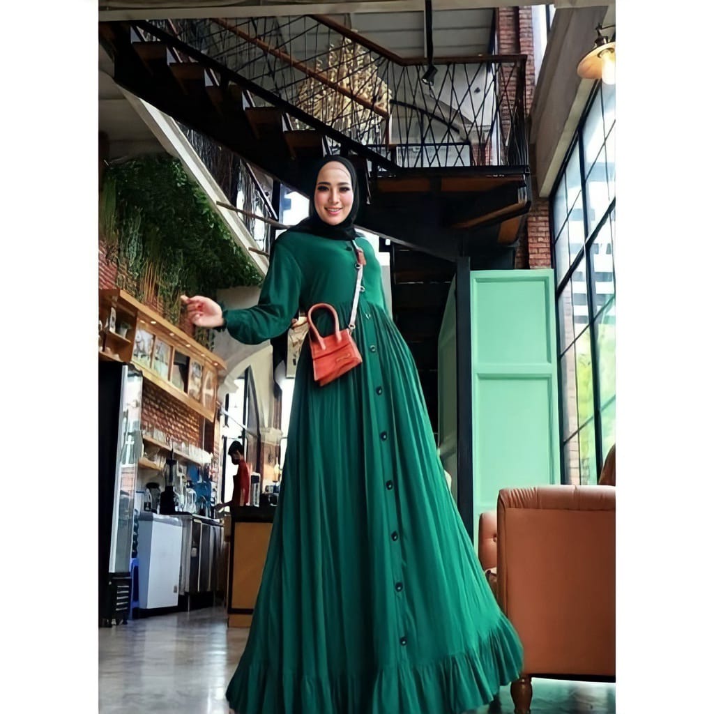 Plain Dress / Size M L XL XXL Maxi Dress Bisa COD Gamis Jumbo  Busui Wanita AL-Hijau Botol