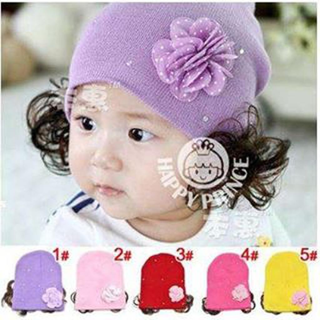 Flower Rhinestone Wig Hat Cute/Topi Rajut Bunga Mutiara Wig Kuncir Topi wig impor