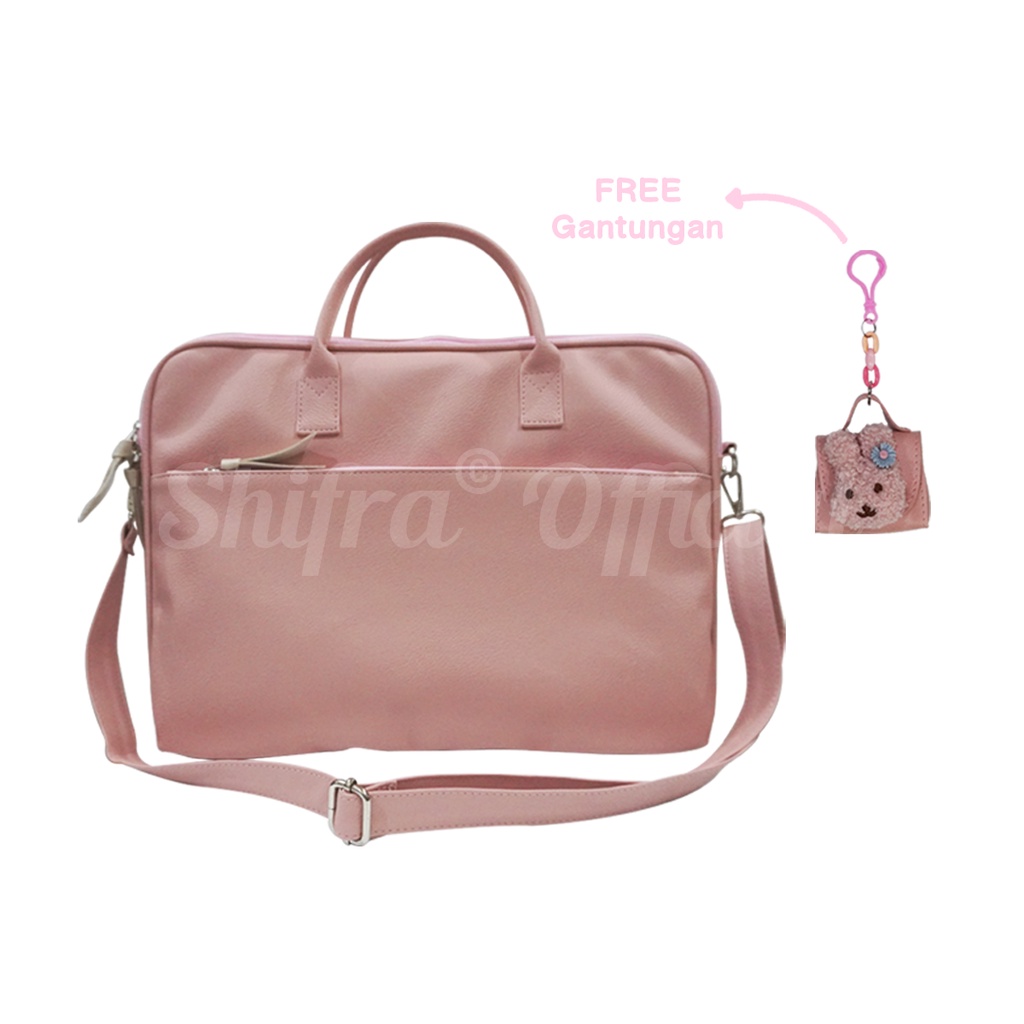 Shifra Tas Laptop Selempang Tali Panjang Polos Kulit Sintetis Waterproof Navy Pink Tosca (Free Mini Pouch Gantung Bear Rantai Random)