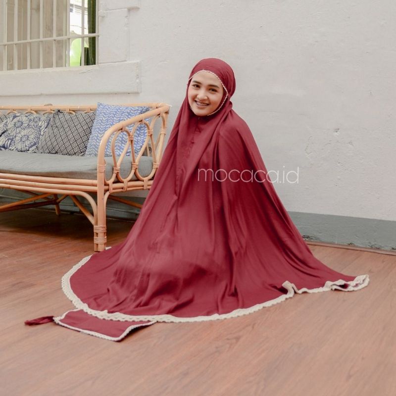 Mukena Dewasa Polos Merah Maroon Marun 3 in 1 Ponco Jumbo free pouch sajadah 2 in 1  travelling bahan katun rayon premium polos