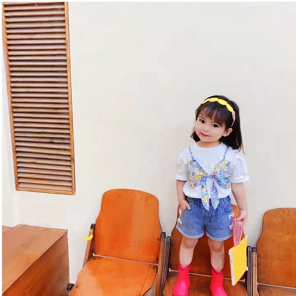 Setelan Anak Perempuan Celana Jeans Pendek+Kaos Lucu Bahan Cottom Import uisa 9bulan-4tahun