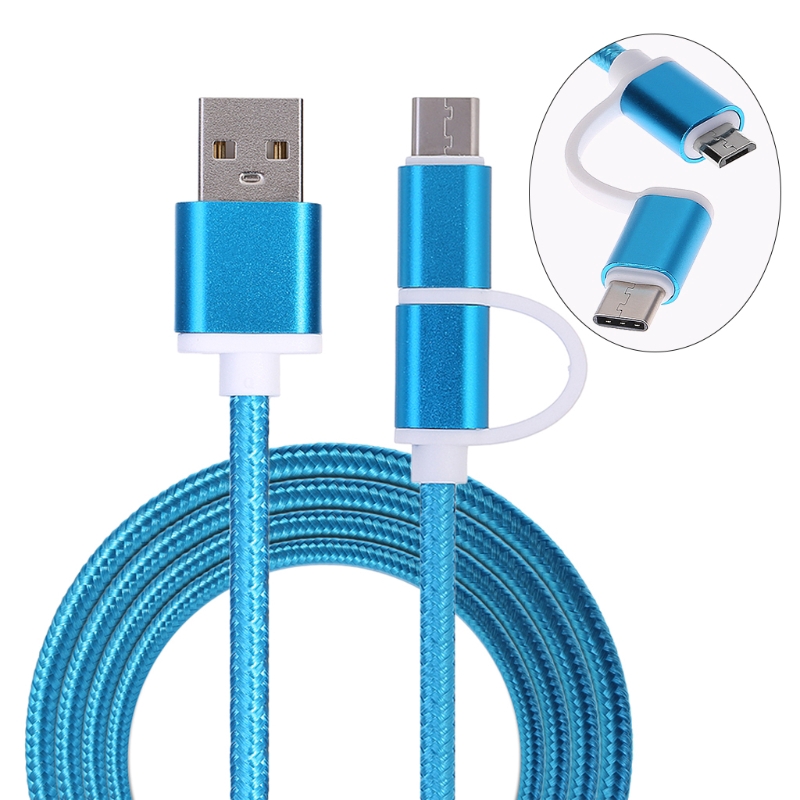 2 in 1 USB 2.0 Male To USB 3.1 Type C &amp; Micro USB Weave Data Charging Cable Fast