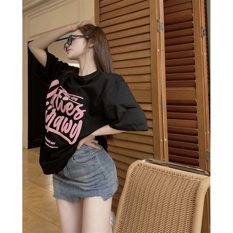 kaos atasan wanita lengan pendek oversize printed letters t shirt korean style kaos hitam