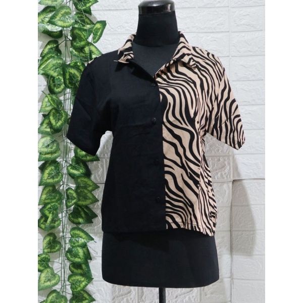 Baju Kemeja Wanita Two Tone Animal Kekinian / Kemeja dua warna / Top Wanita / Atasan Wanita-Zebra brown