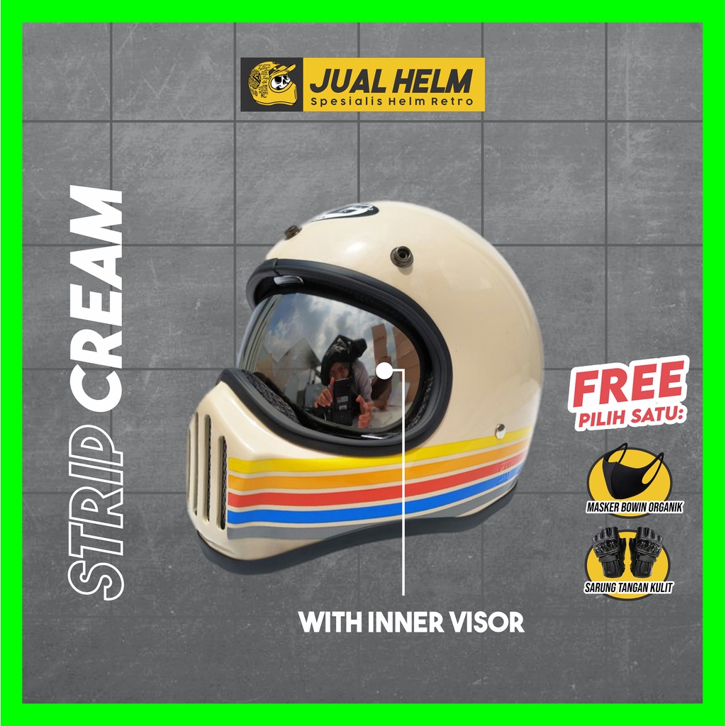 Helm Cakil HBC Stripe Cream Glossy + Inner Visor ( Fullface / Retro / Klasik / Vespa )