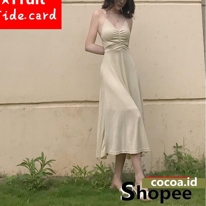 Dress Midi Vintage Chic Sexy V-Neck Tanpa Lengan Warna Emas Aksen Pita Gaya Korea untuk Wanita