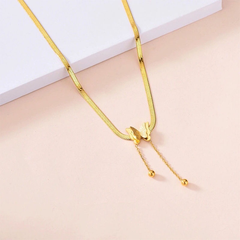 18K Kalung Titanium Anti Karat Rantai Kalung Kupu Rumbai Rantai Tulang Ular Aksesoris Fashion Wanita