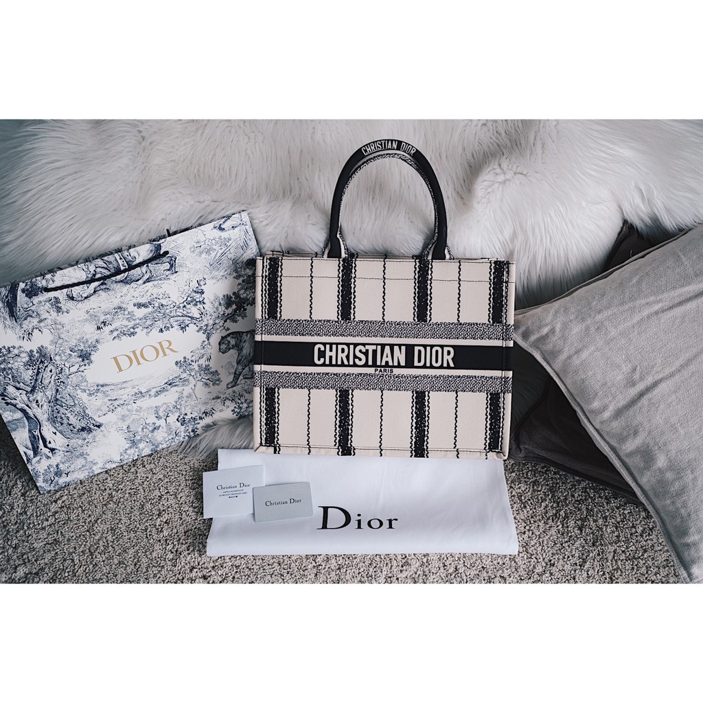 Dior Small Book Tote Bag in Black & Beige Bayadère Embroidered - Semi Premium Authentic Mirror 1:1