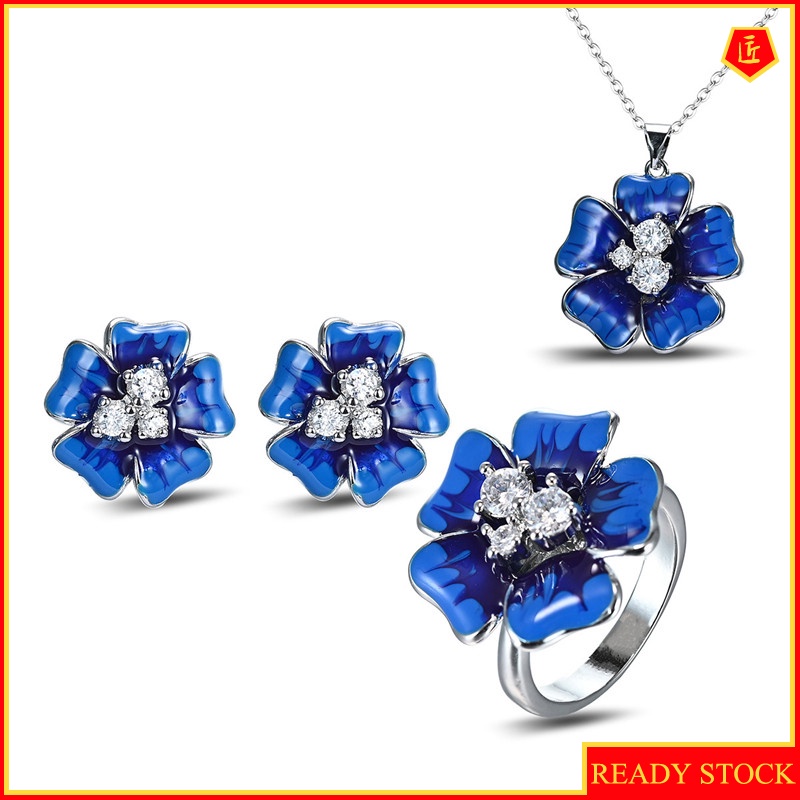 [Ready Stock]Blue Necklace Large Flower Diamond Ear Stud Suit