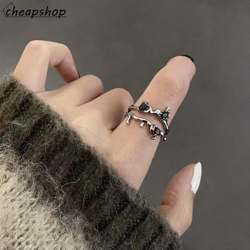 IFYOU 2pcs / set Cincin Silver Desain Ranting Bunga Hitam Gaya Vintage Untuk Wanita