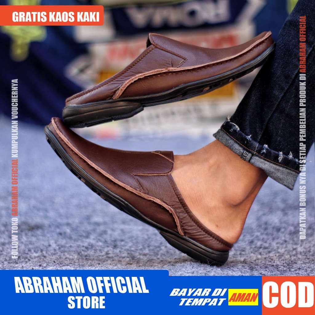 ABRAHAM Sandal Slide Hitam Selop Kulit Pria Sendal Pria