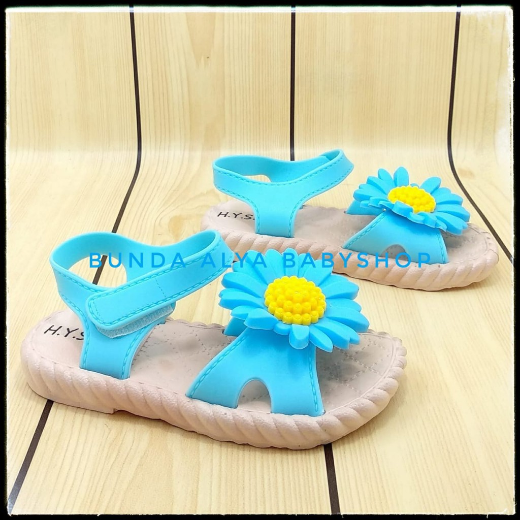 Sendal Anak Perempuan IMPORT Usia 2 3 4 Tahun BIRU Elastis Motif Bunga - Sepatu Sandal Anak Cewek Lentur Bunga Kuning Alas Karet Anti Licin