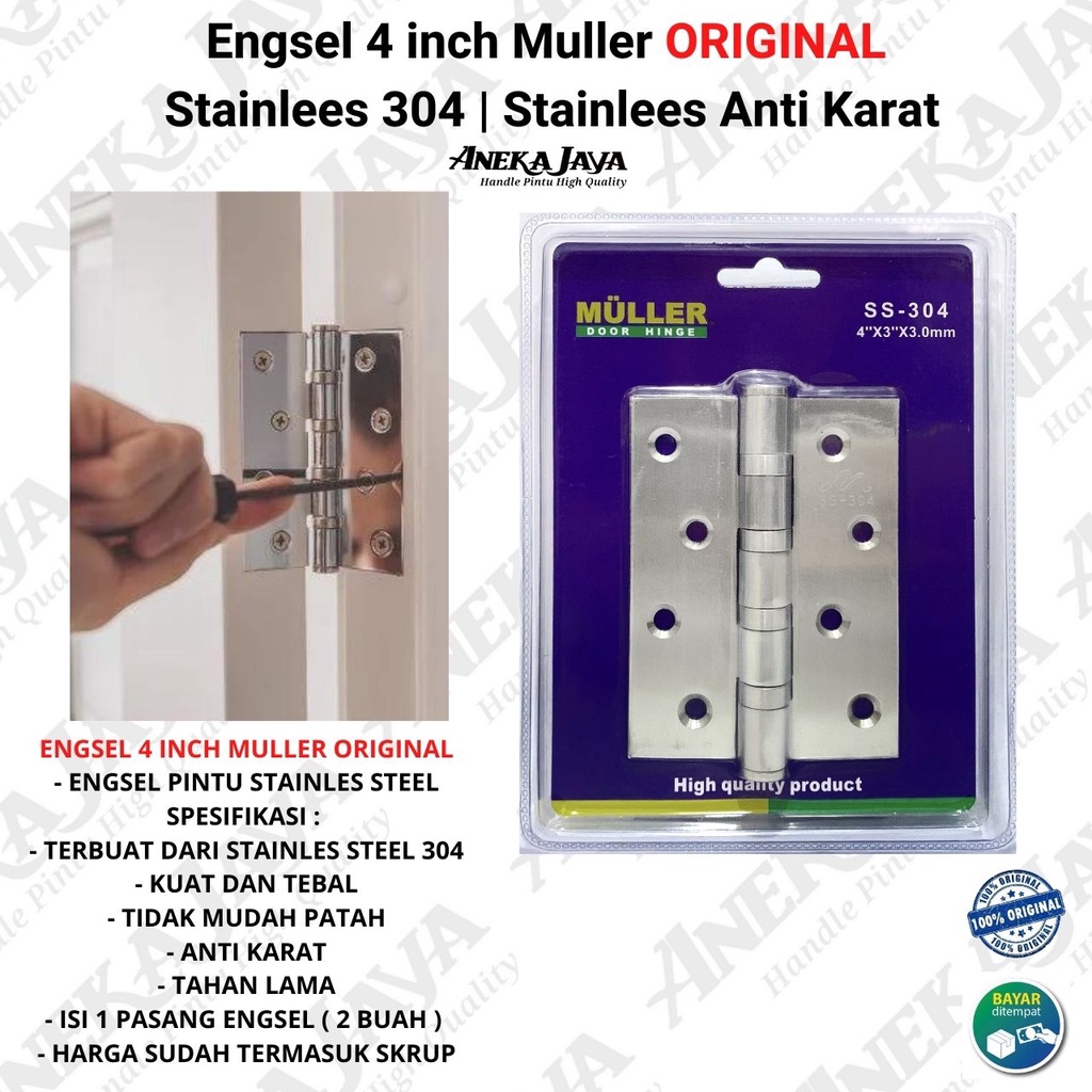 Engsel Muller 4 inch Stainlees ORIGINAL / Engsel stainlees 304 tebal anti karat / Engsel Pintu rumah / Engsel Pintu Lubang 4