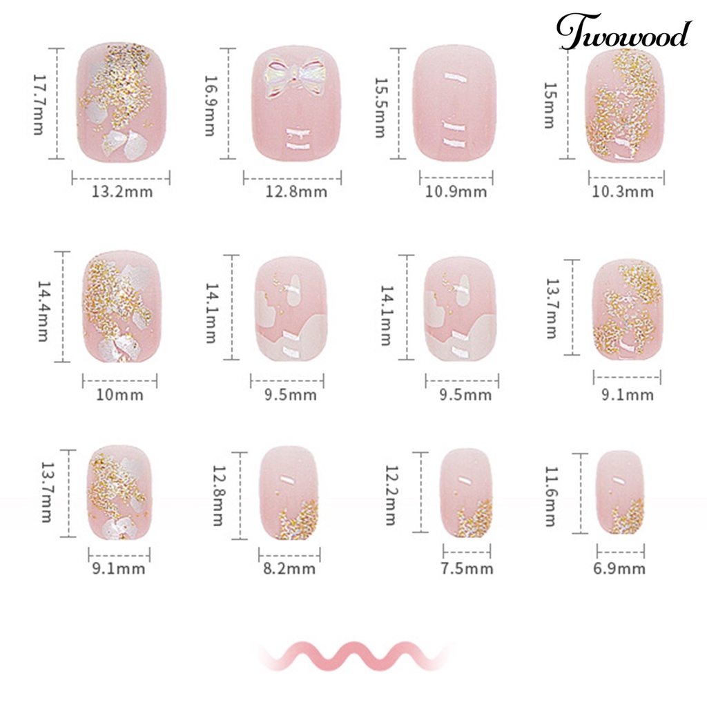 Twowood 24Pcs / Box Kuku Palsu Bahan ABS Aksen Pita + Berlian Imitasi Untuk Nail Art / Manicure Pemula