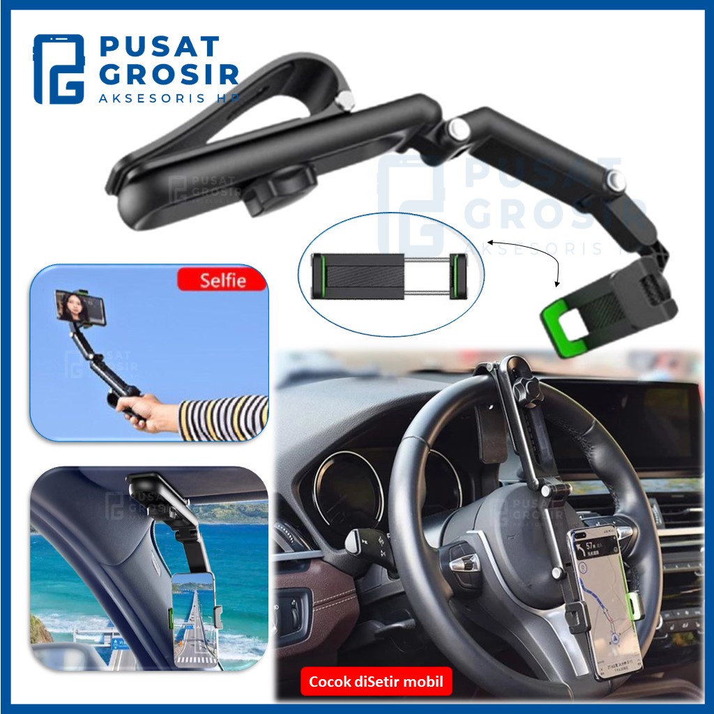 Car Phone Holder Jepit Mobil HD58 HD-58 stand Handphone cocok gantung di sun visor rearview penyangga Hp tongsis selfie