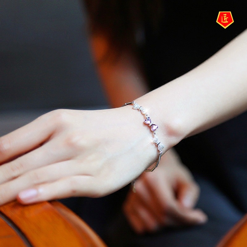 [Ready Stock]925 Silver Sweet Elegant Heart-Shaped Amethyst Bracelet