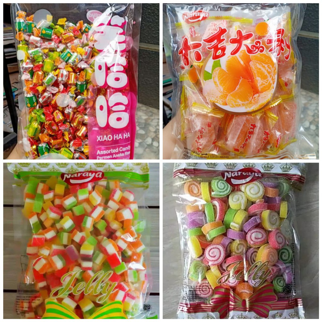 Naraya Jelly Sandwich, Naraya Jelly Roll, Naraya Jelly Jeruk, Xio Ha Ha 500 g, 400 g, permen yupi
