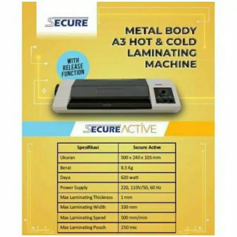 

SECURE ACTIVE SIZE A3 F4 & A4 BODY METAL / Mesin Laminating Laminator