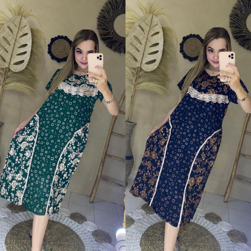 Homedress Wanita Daster Rayon Renda Motif Bunga Kombinasi Kotak Kecil Busui Tali Belakang