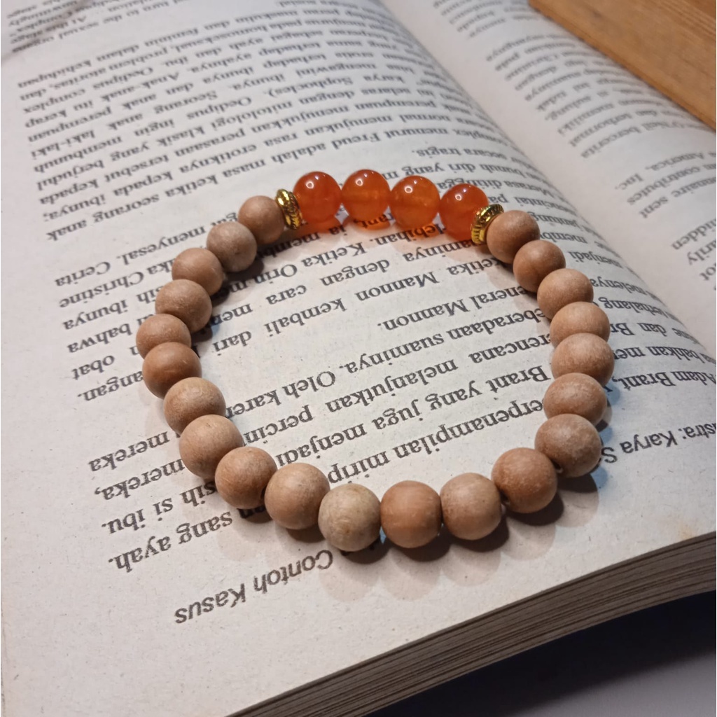 Gelang Batu Original Handmade Kayu Cendana Kombinasi Batu Alam Carnelian