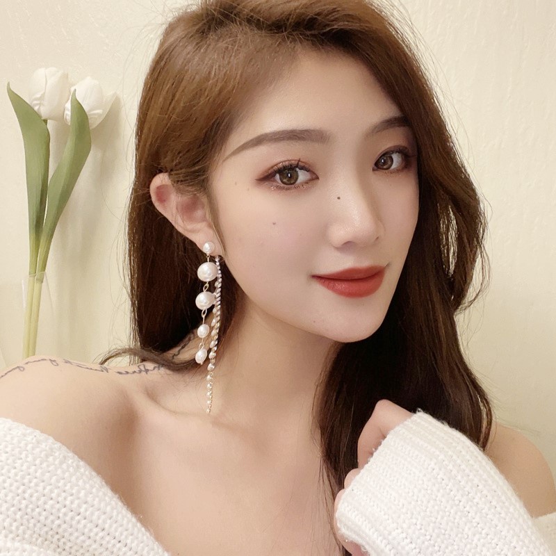 Anting Gantung Panjang Tusuk Silver S925 Gaya Korea Motif Hati Aksen Rumbai + Mutiara + Berlian Untuk Wanita