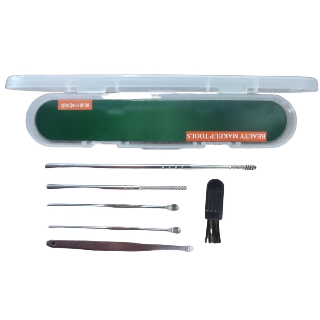 ALAT PEMBERSIH TELINGA EAR WAX PICKER 5IN1 PLUS KUAS / KOREK KUPING 6 IN 1 STAINLESS STEEL PACK KULIT