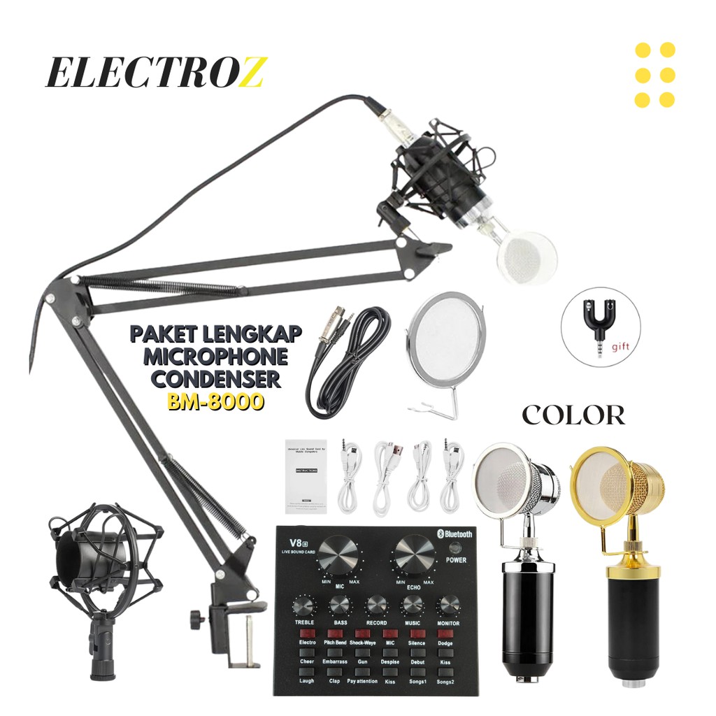 Microphone BM8000 Mic Kondenser PAKET LENGKAP Live Audio Recording Broadcast Podcast Youtube Cover M